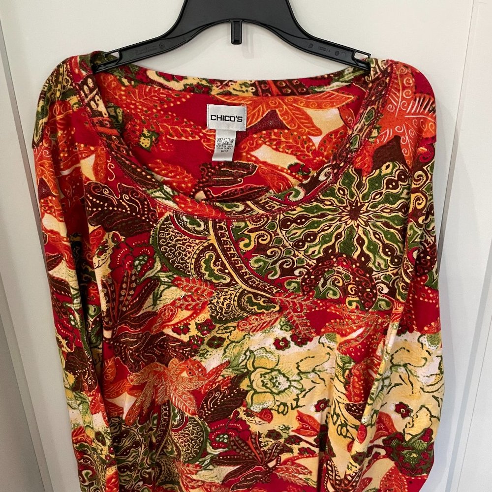 Chico s 100 % cotton Paisley print red/gold embroidered top
